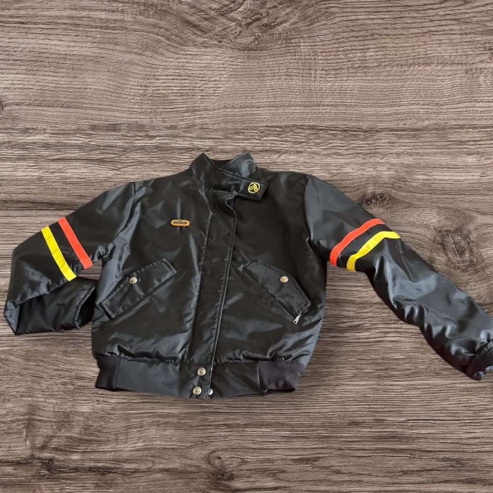 80’s BMX Wheels of Man Cycling Jacket small By Fox Point Black Orange & Yellow.
